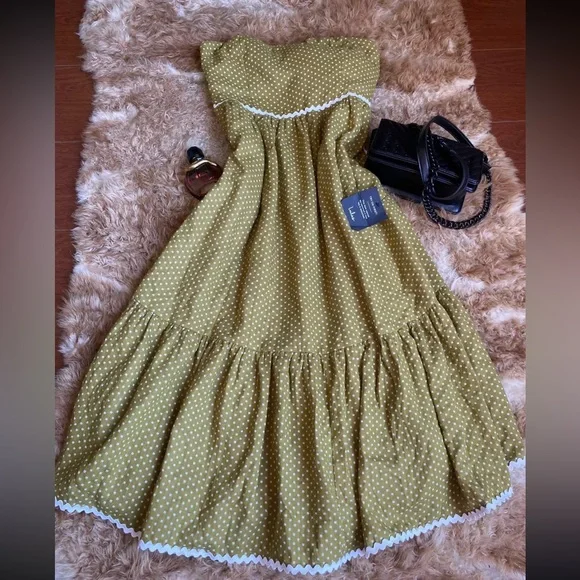 Lulus Delightful Design Light Green Polka Dot Midi Dress With Pockets NWT Womens - Picture 3 of 3